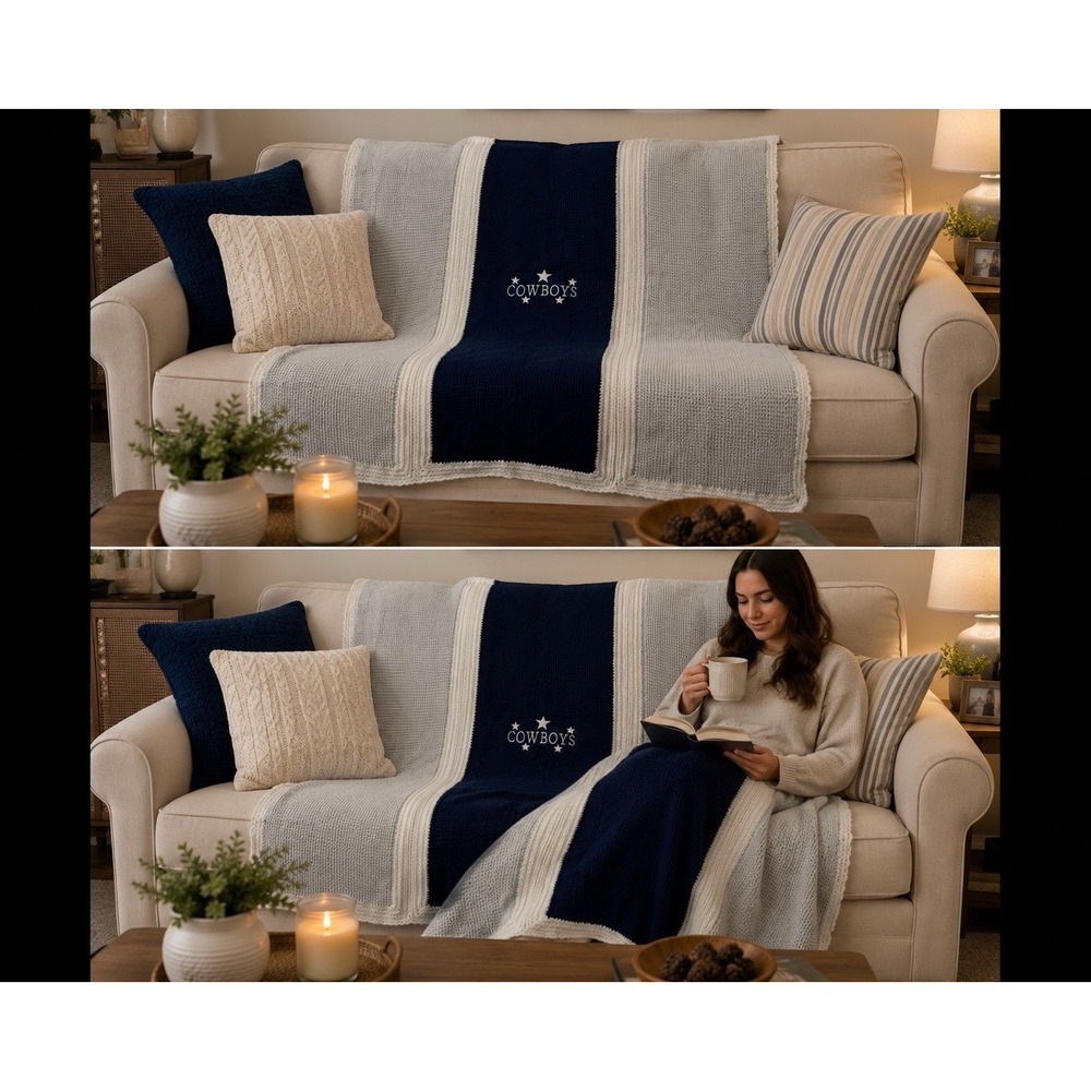 Handmade Dallas Cowboys Crochet Bed Throw Blanket Blue Gray White 48x68